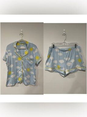 Kate Spade Cloud Print Pajama Set Short Sleeve Top & Shorts Sky Blue Cozy Lounge
